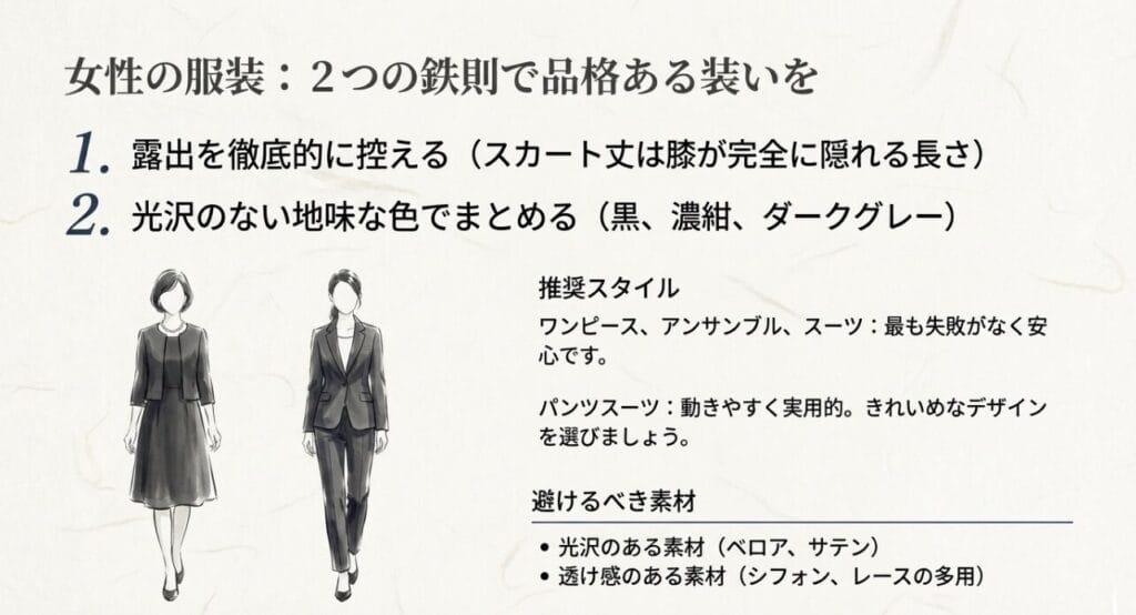 黒のワンピースとアンサンブル、パンツスーツを着用した女性のイラストと、露出を控えるなどの服装マナー