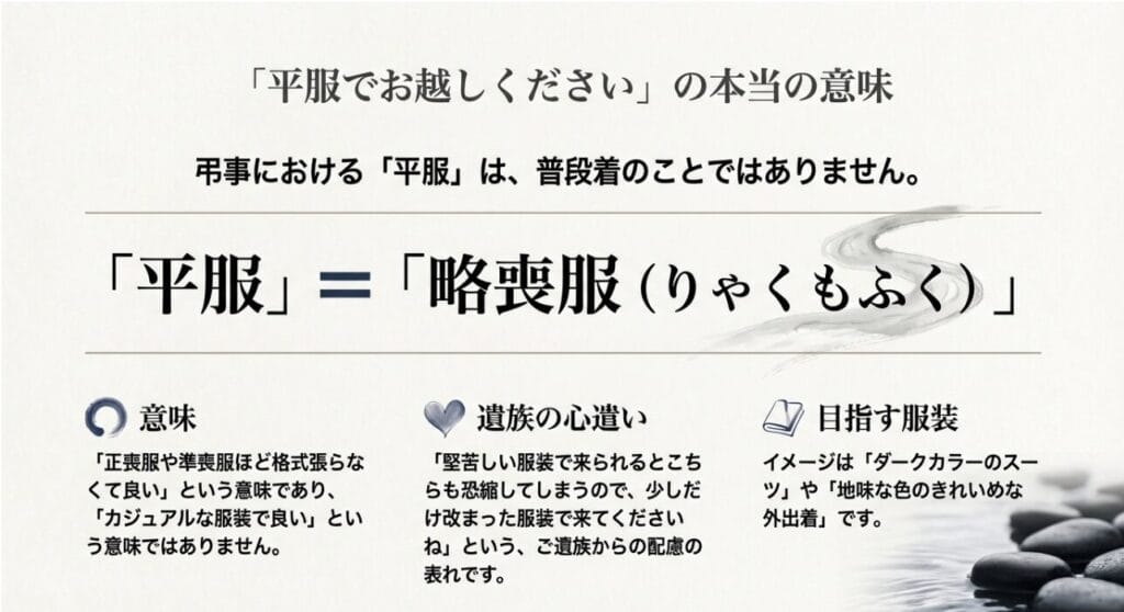 平服とは普段着ではなく略喪服（インフォーマル）であり、遺族への心遣いであることを解説