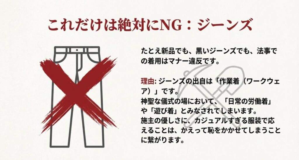 法事でジーンズ着用がマナー違反である理由とイラスト