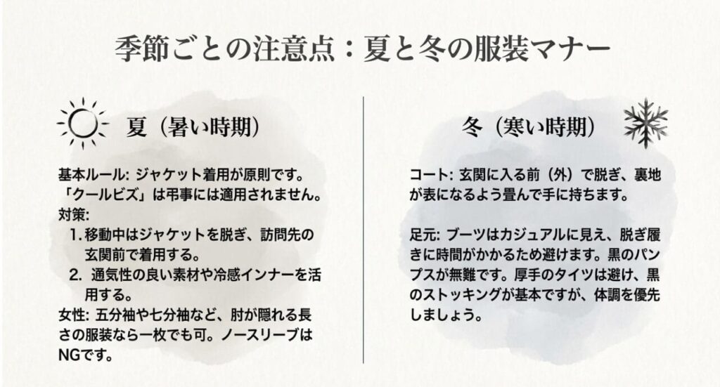 夏のクールビズ不可のルールや、冬のコート・ブーツの扱いについてまとめた季節別の服装マナー