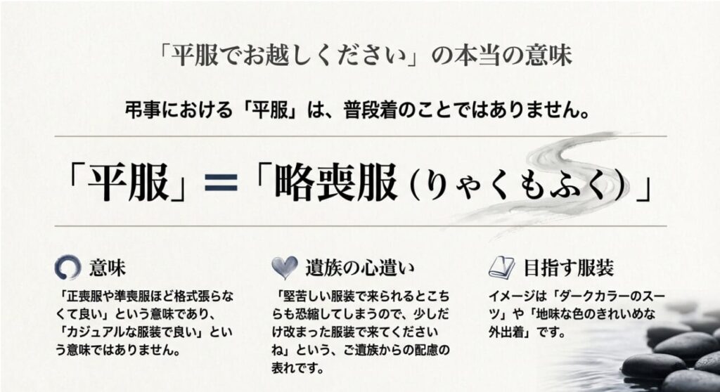 平服とは普段着ではなく略喪服（インフォーマル）であり、遺族への心遣いであることを解説