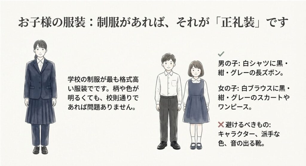 学生服を着た女子と、白シャツ・黒ズボンを着た男の子のイラスト。制服が正装であることの解説