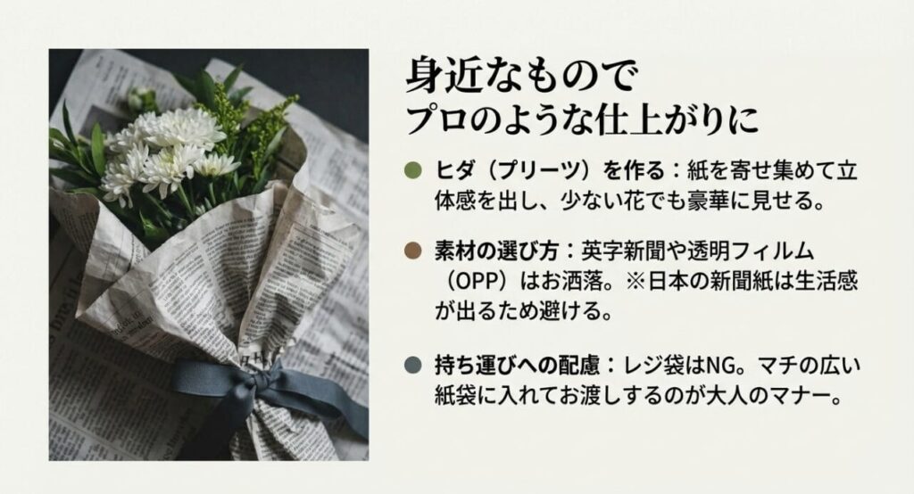 包装紙を使った花の包み方アレンジ