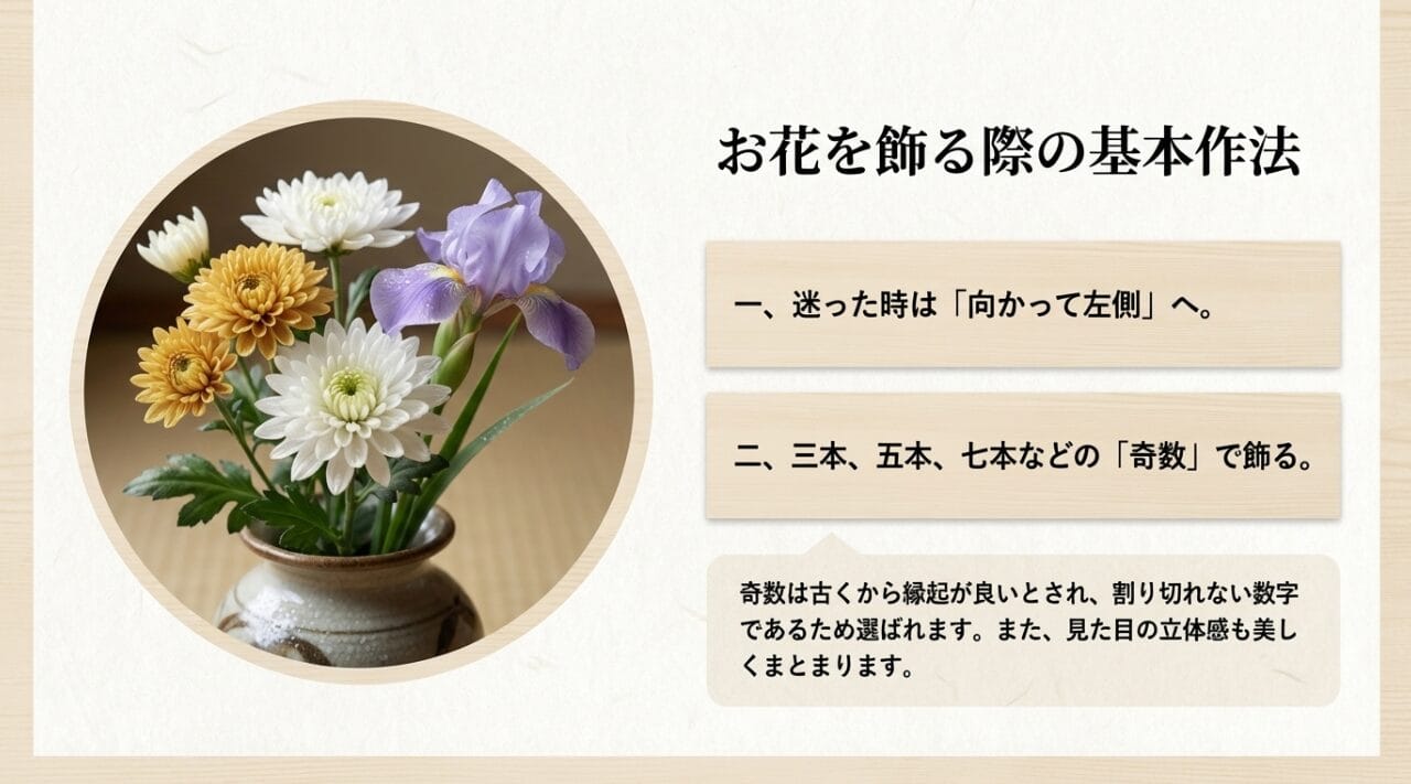 花を片方に飾る場合は右左どちらか